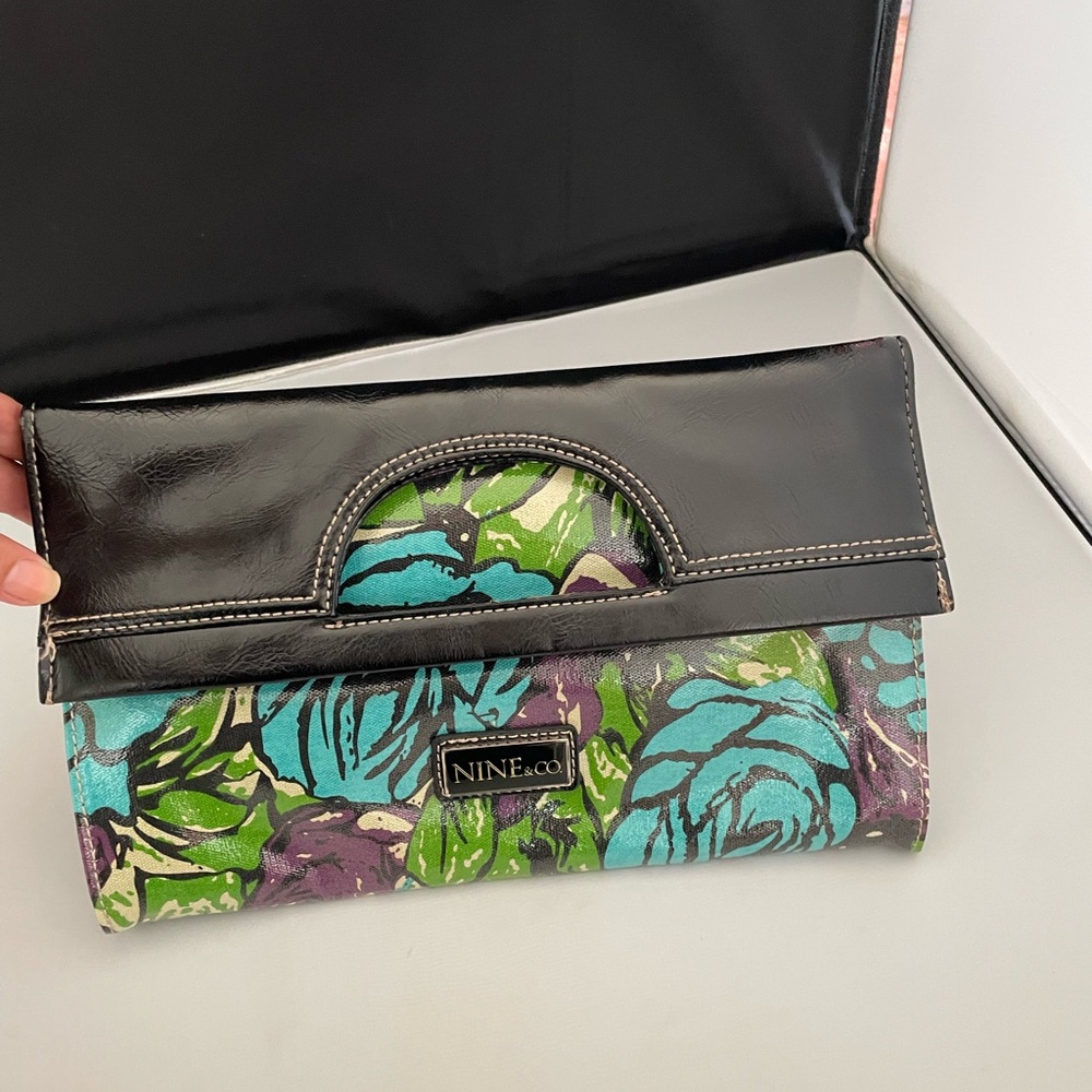 Nine & Co. Black and Green Clutch with Tropical Flair